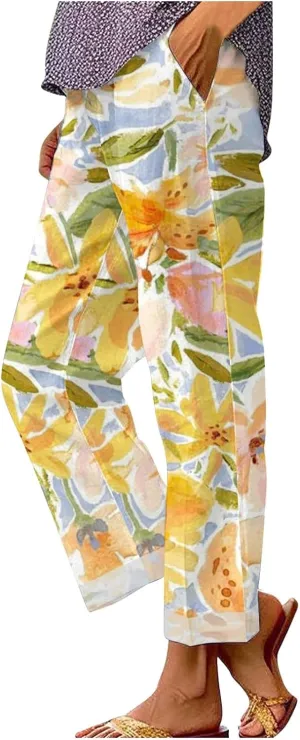 Linen Pants Women Solid Elastic Pants Long Drawstring Linen Women Waist Cotton Casual Pants Beach Trousers with Boho