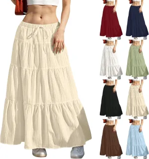 Linen Skirts for Women Flowy Summer Tiered Maxi Skirt Drawstring High Waisted Pleated Ruffle Long Skirt Beach Coverup