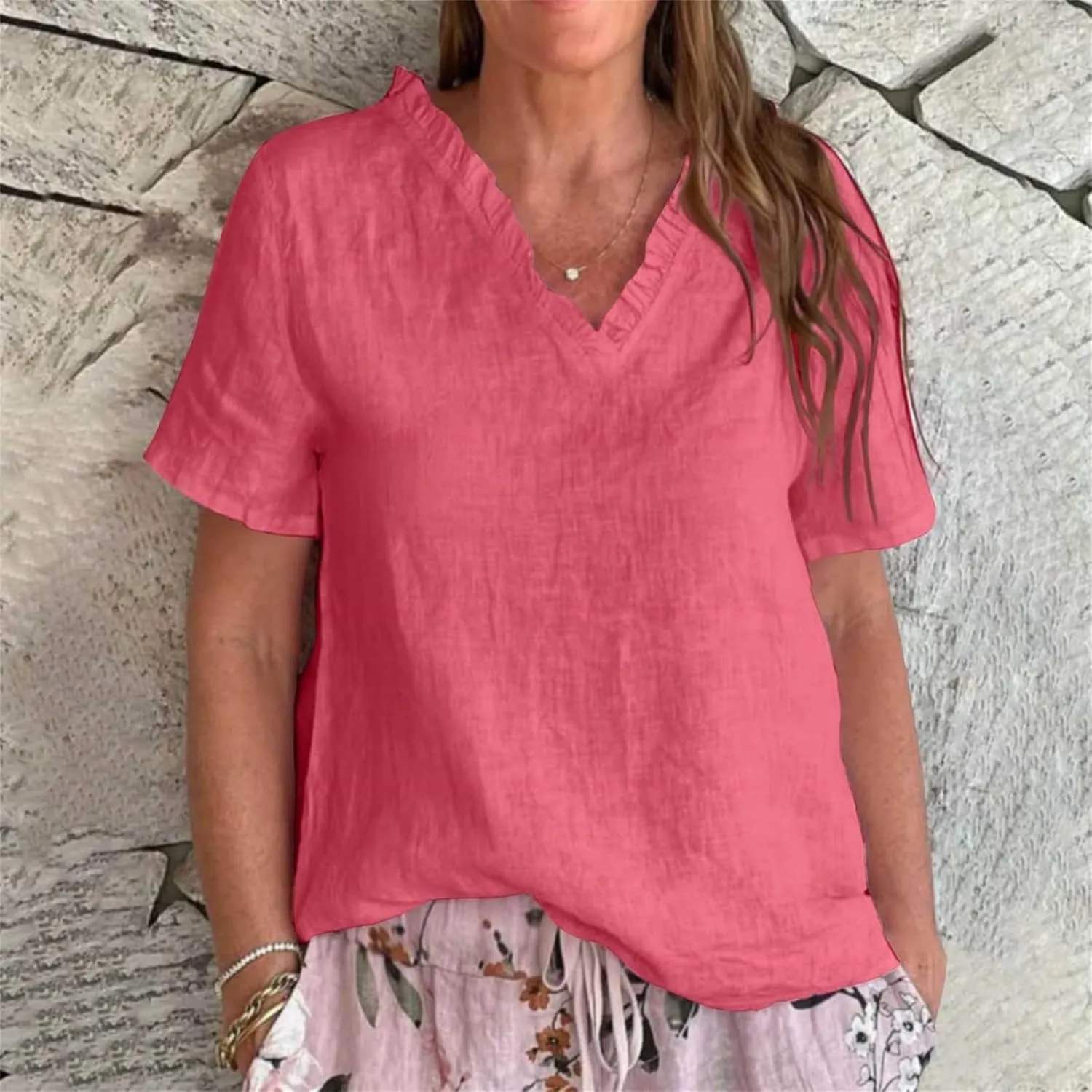 Linen Tops for Women Ruffle Peplum V Neck Short Sleeve Loose Summer Shirts Plus Size Beach Vacation Casual Lounge Outfit 2025