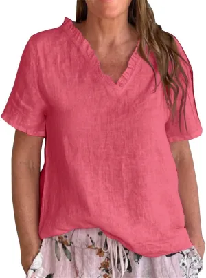 Linen Tops for Women Ruffle Peplum V Neck Short Sleeve Loose Summer Shirts Plus Size Beach Vacation Casual Lounge Outfit 2025