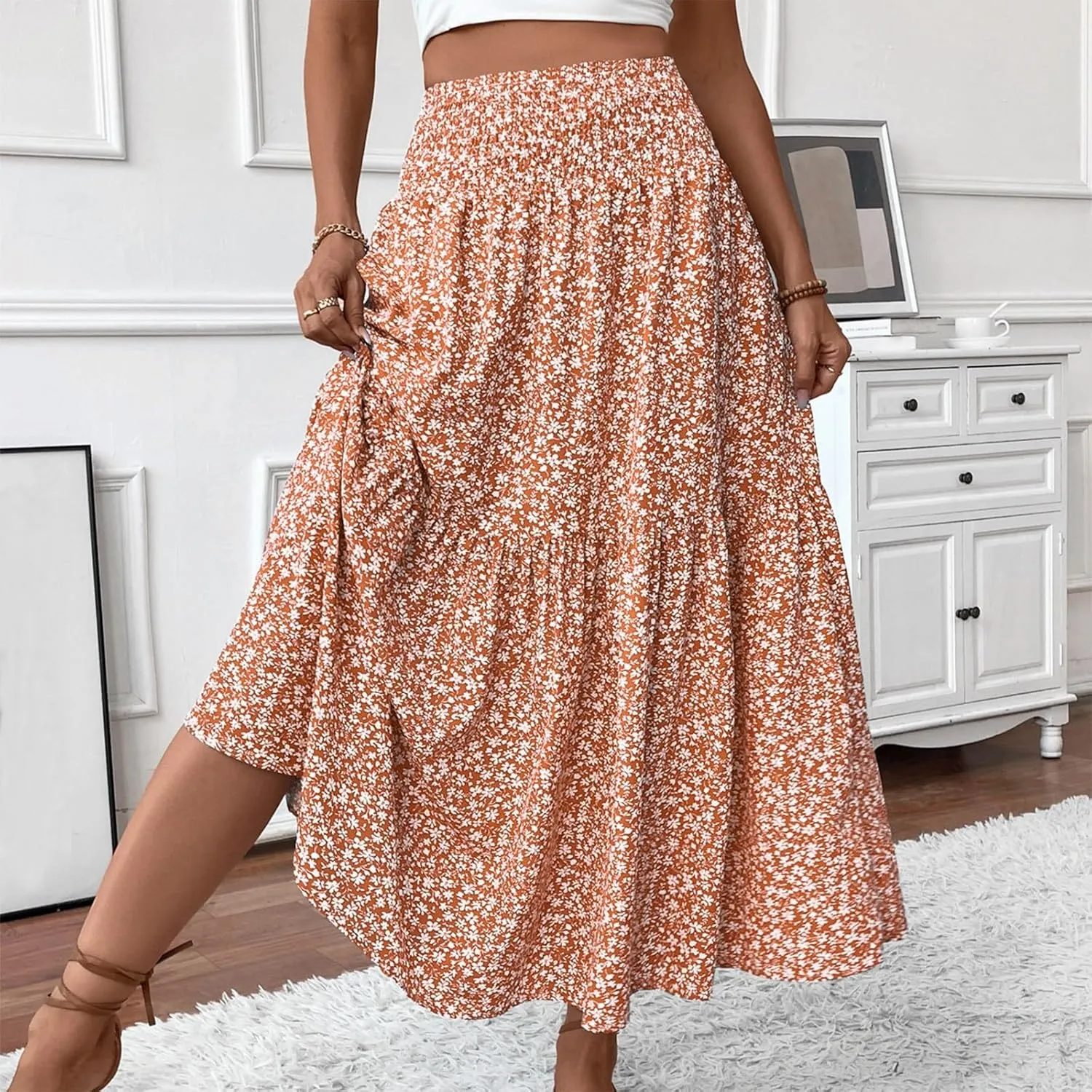 Long Flowy Skirts for Women Summer Elastic Waist Floral Maxi Skirt with Pockets Smocked Ruffle Tiered Boho A Line Skorts