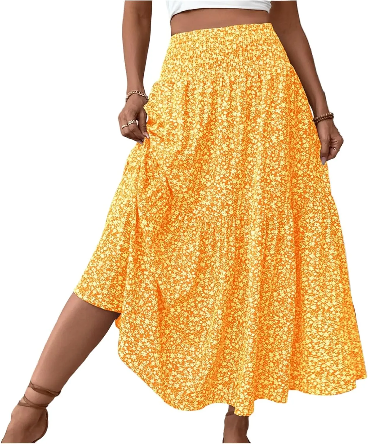 Long Flowy Skirts for Women Summer Elastic Waist Floral Maxi Skirt with Pockets Smocked Ruffle Tiered Boho A Line Skorts