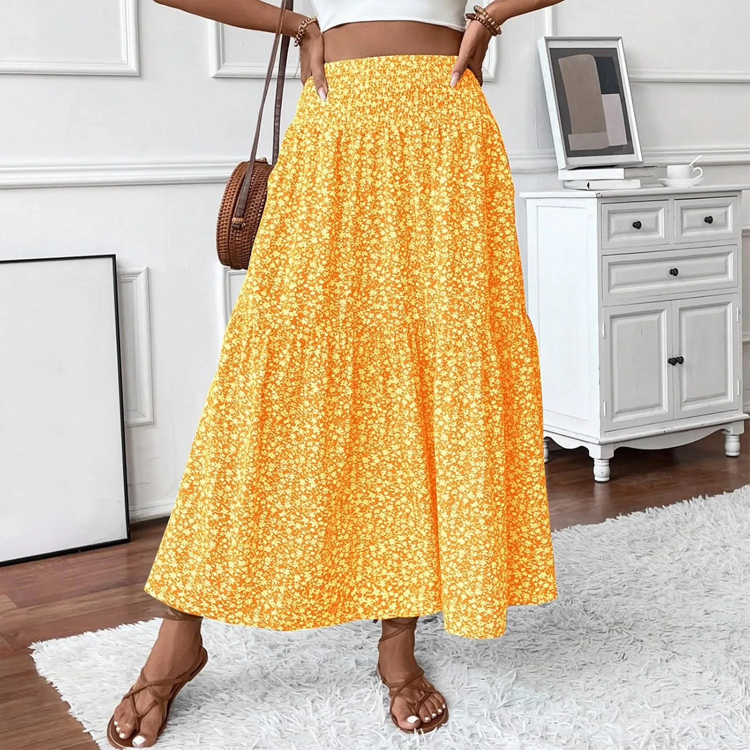 Long Flowy Skirts for Women Summer Elastic Waist Floral Maxi Skirt with Pockets Smocked Ruffle Tiered Boho A Line Skorts