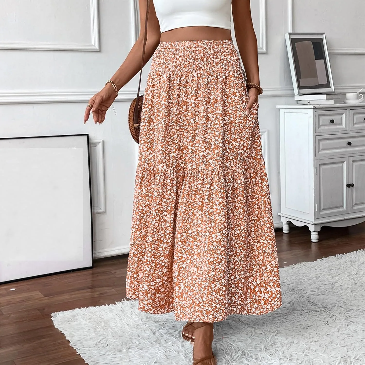 Long Flowy Skirts for Women Summer Elastic Waist Floral Maxi Skirt with Pockets Smocked Ruffle Tiered Boho A Line Skorts