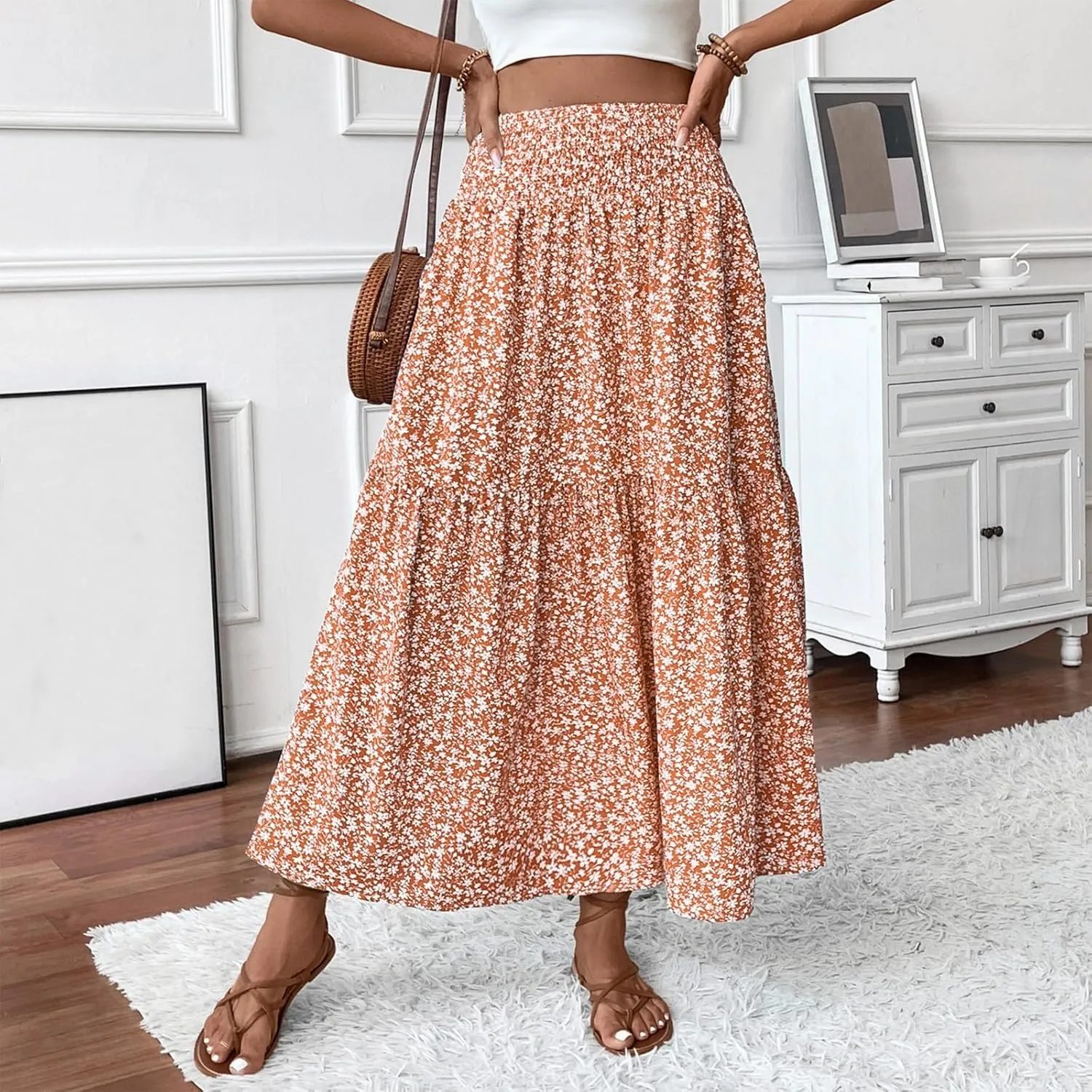 Long Flowy Skirts for Women Summer Elastic Waist Floral Maxi Skirt with Pockets Smocked Ruffle Tiered Boho A Line Skorts