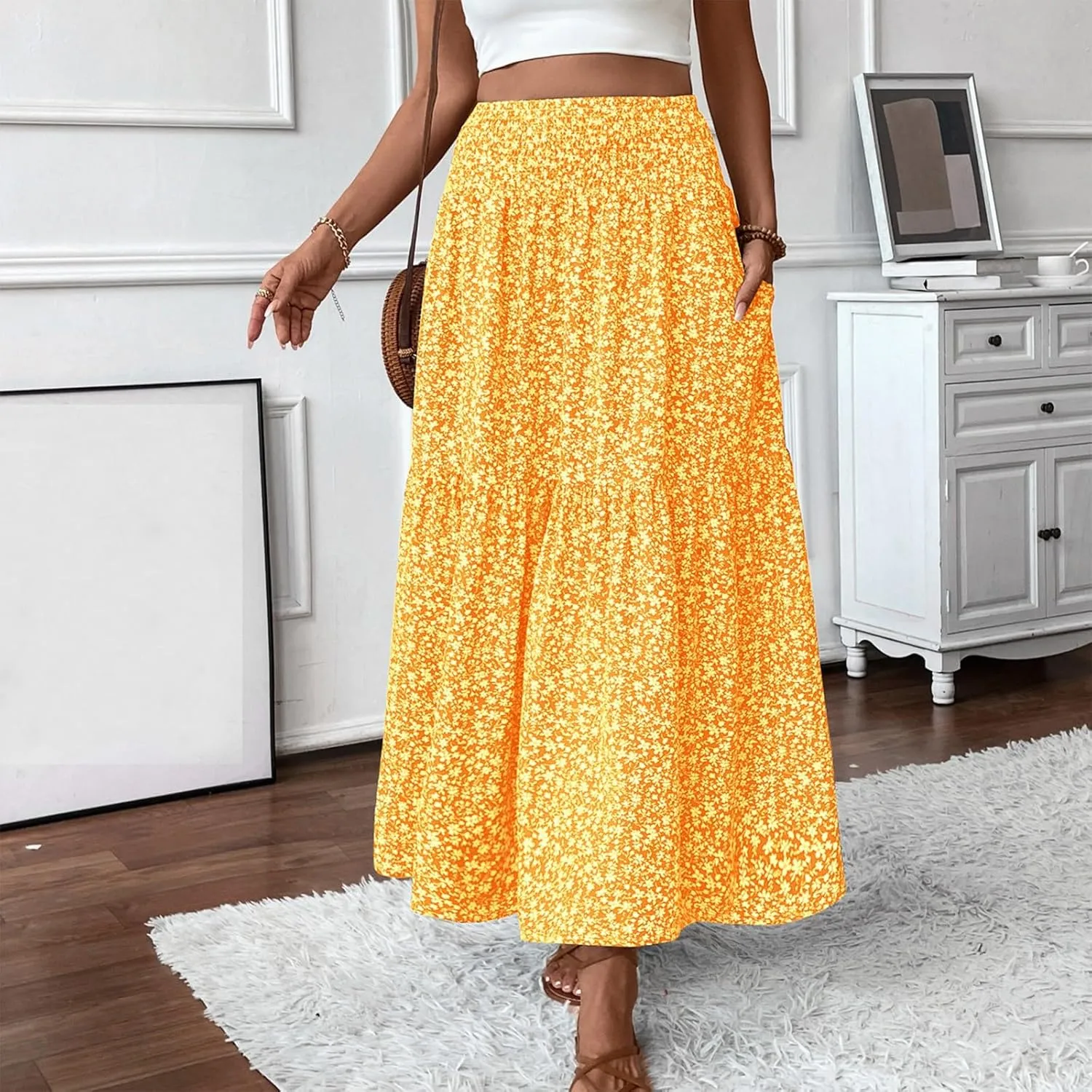 Long Flowy Skirts for Women Summer Elastic Waist Floral Maxi Skirt with Pockets Smocked Ruffle Tiered Boho A Line Skorts
