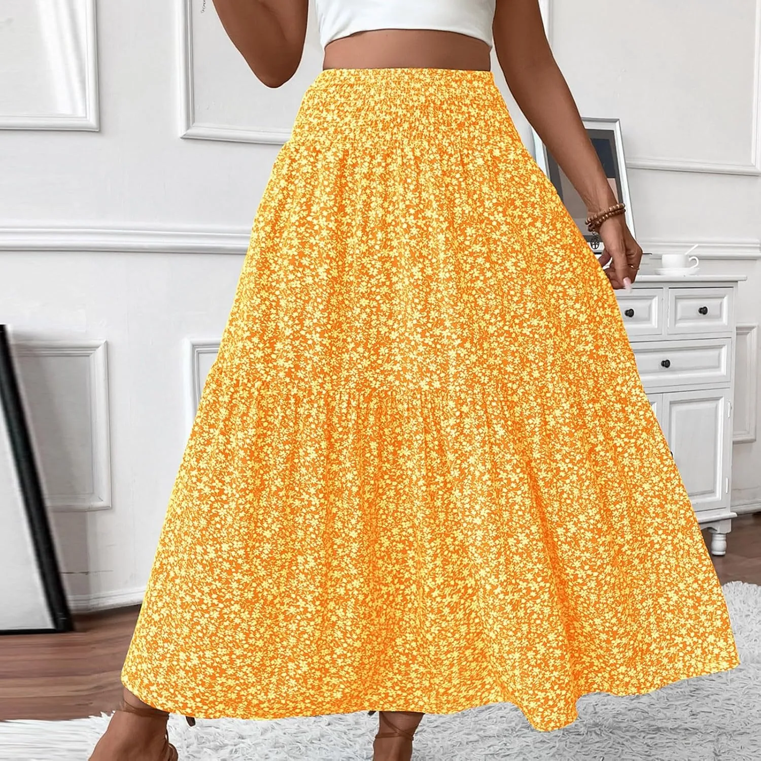 Long Flowy Skirts for Women Summer Elastic Waist Floral Maxi Skirt with Pockets Smocked Ruffle Tiered Boho A Line Skorts