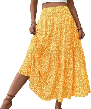 Long Flowy Skirts for Women Summer Elastic Waist Floral Maxi Skirt with Pockets Smocked Ruffle Tiered Boho A Line Skorts