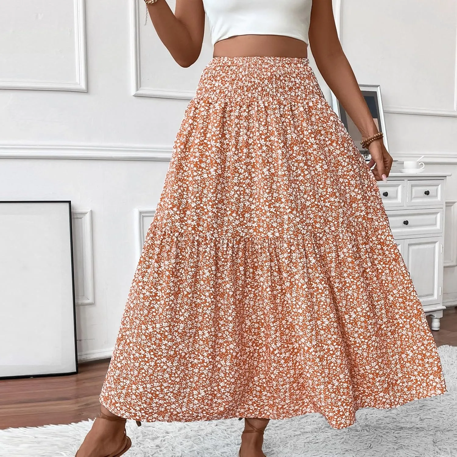 Long Flowy Skirts for Women Summer Elastic Waist Floral Maxi Skirt with Pockets Smocked Ruffle Tiered Boho A Line Skorts