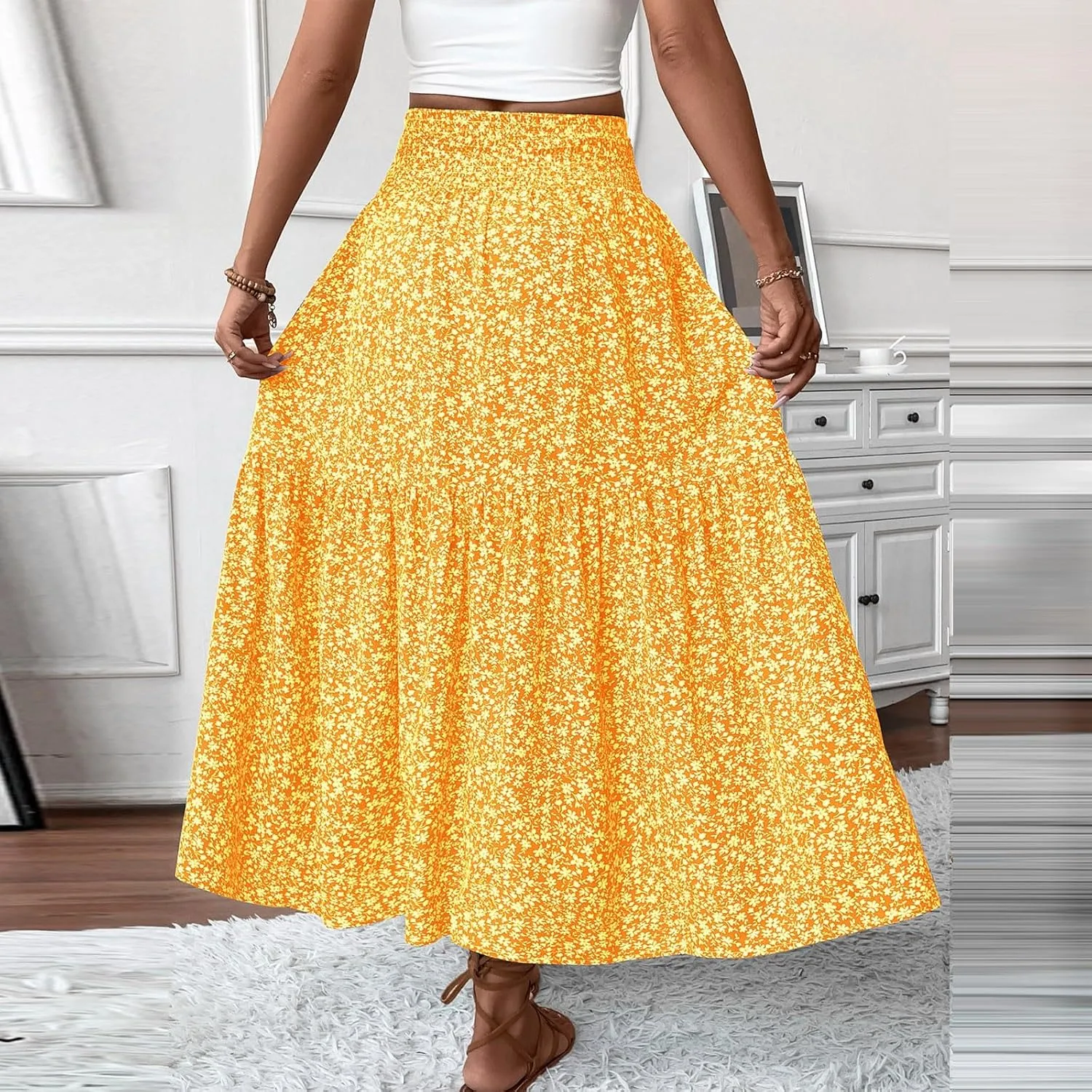 Long Flowy Skirts for Women Summer Elastic Waist Floral Maxi Skirt with Pockets Smocked Ruffle Tiered Boho A Line Skorts