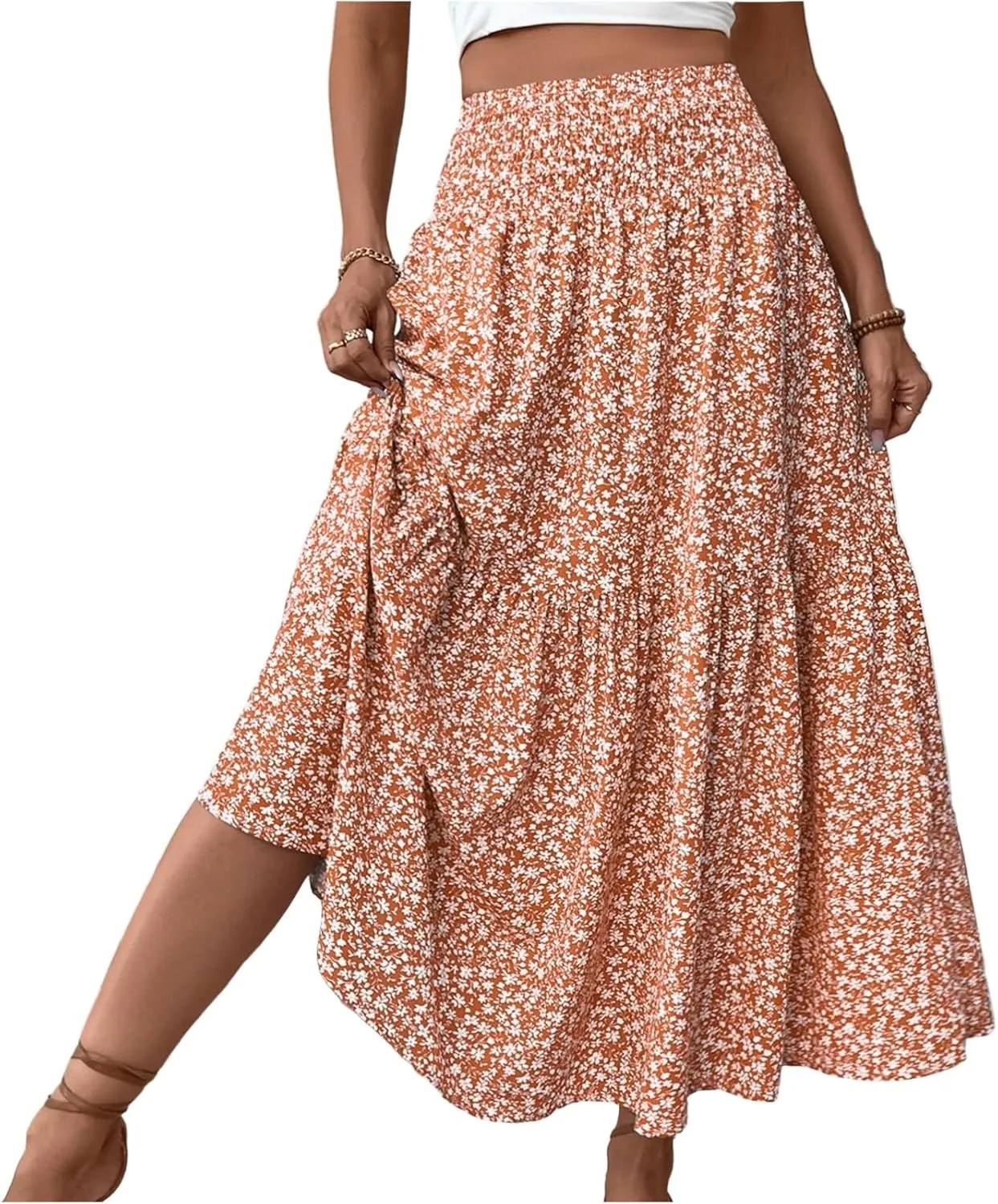 Long Flowy Skirts for Women Summer Elastic Waist Floral Maxi Skirt with Pockets Smocked Ruffle Tiered Boho A Line Skorts