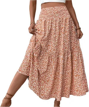 Long Flowy Skirts for Women Summer Elastic Waist Floral Maxi Skirt with Pockets Smocked Ruffle Tiered Boho A Line Skorts