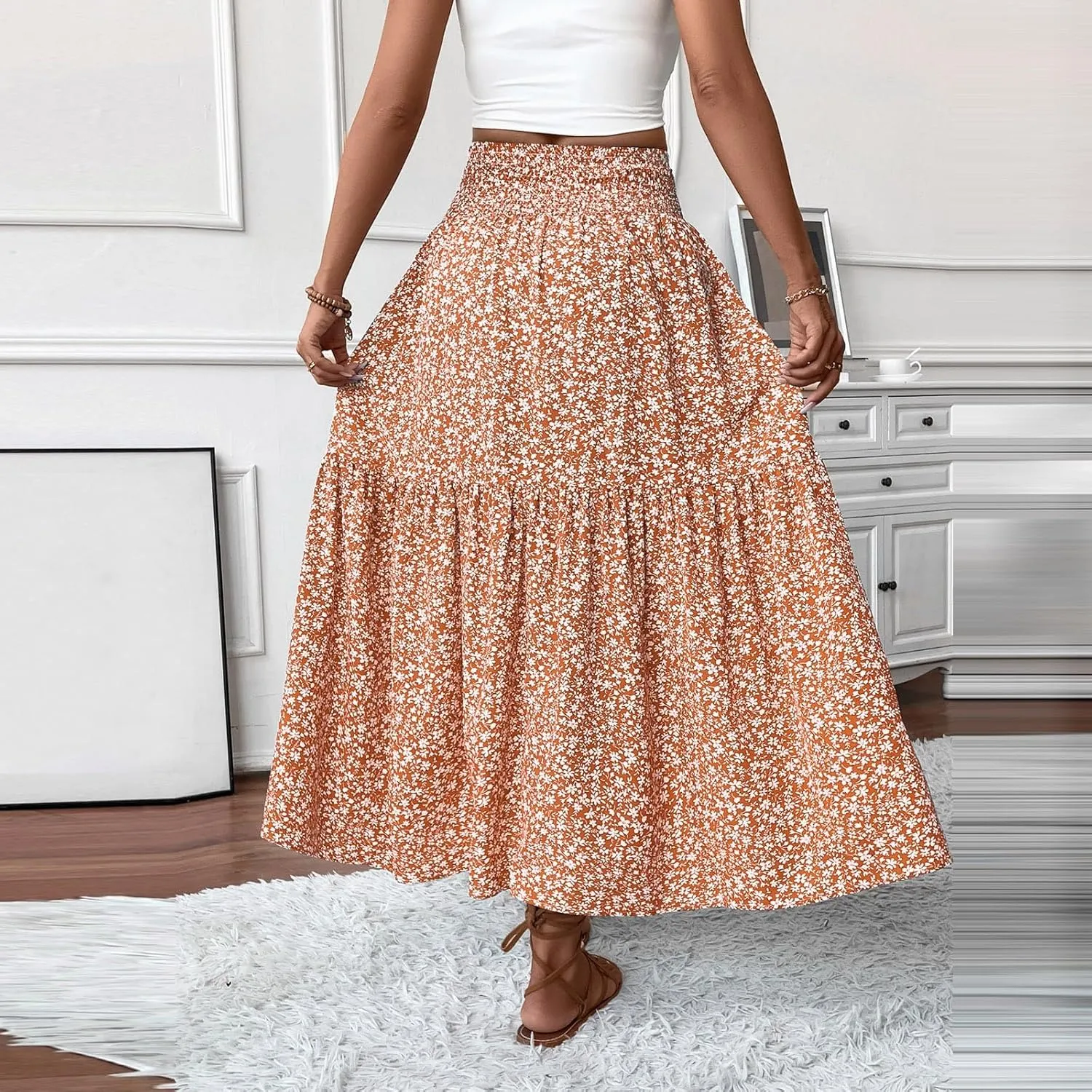 Long Flowy Skirts for Women Summer Elastic Waist Floral Maxi Skirt with Pockets Smocked Ruffle Tiered Boho A Line Skorts
