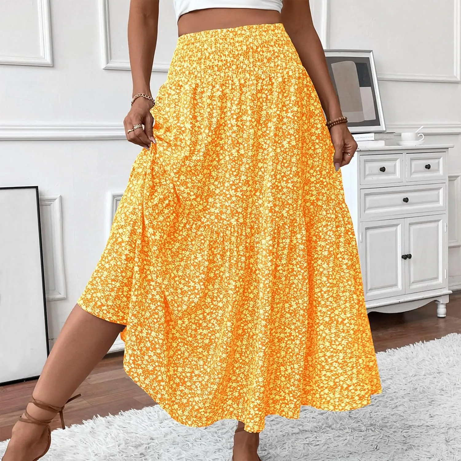 Long Flowy Skirts for Women Summer Elastic Waist Floral Maxi Skirt with Pockets Smocked Ruffle Tiered Boho A Line Skorts