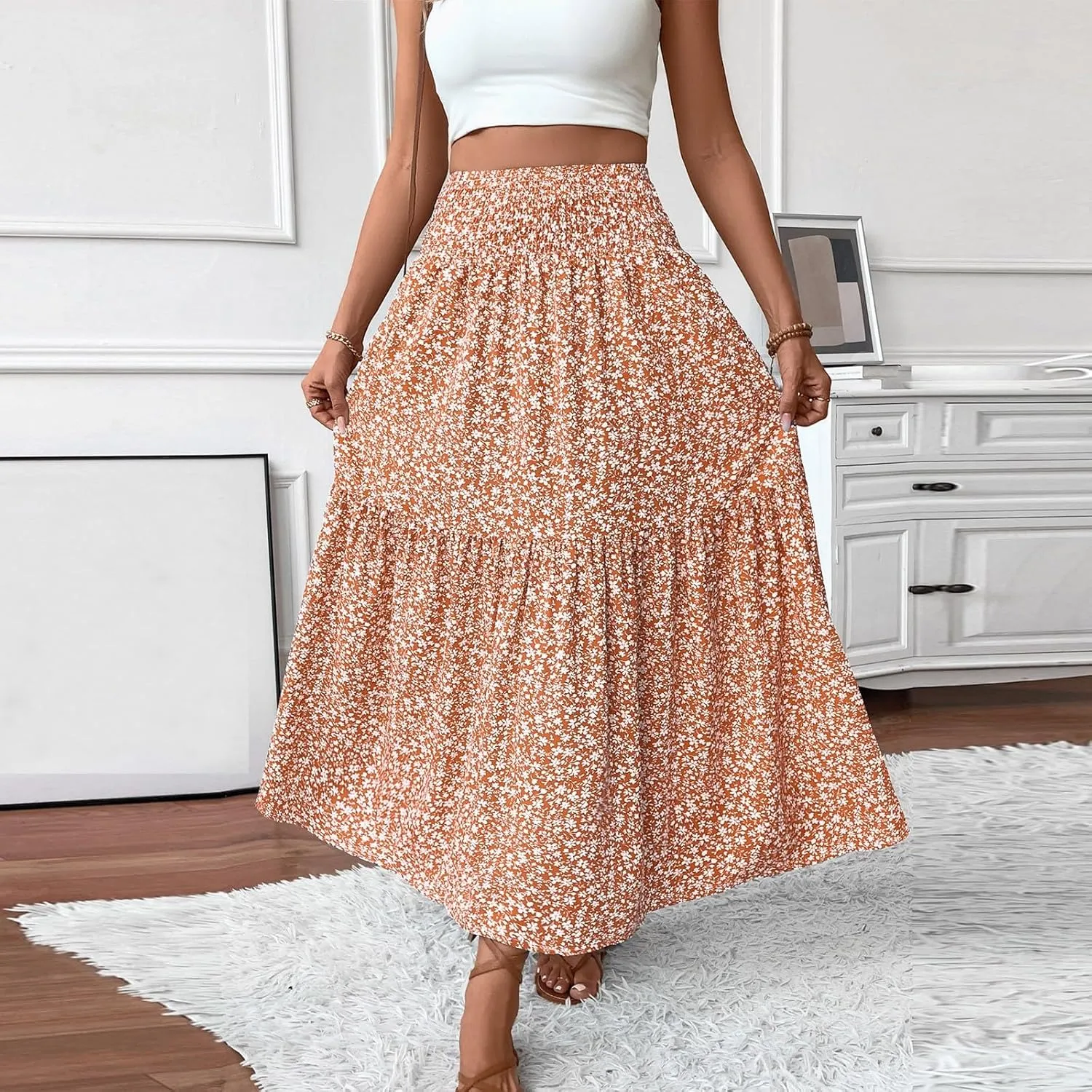 Long Flowy Skirts for Women Summer Elastic Waist Floral Maxi Skirt with Pockets Smocked Ruffle Tiered Boho A Line Skorts