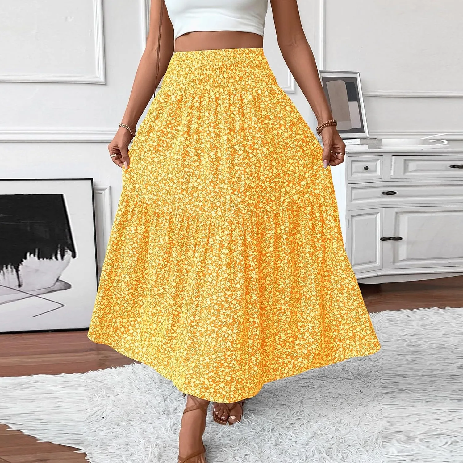 Long Flowy Skirts for Women Summer Elastic Waist Floral Maxi Skirt with Pockets Smocked Ruffle Tiered Boho A Line Skorts