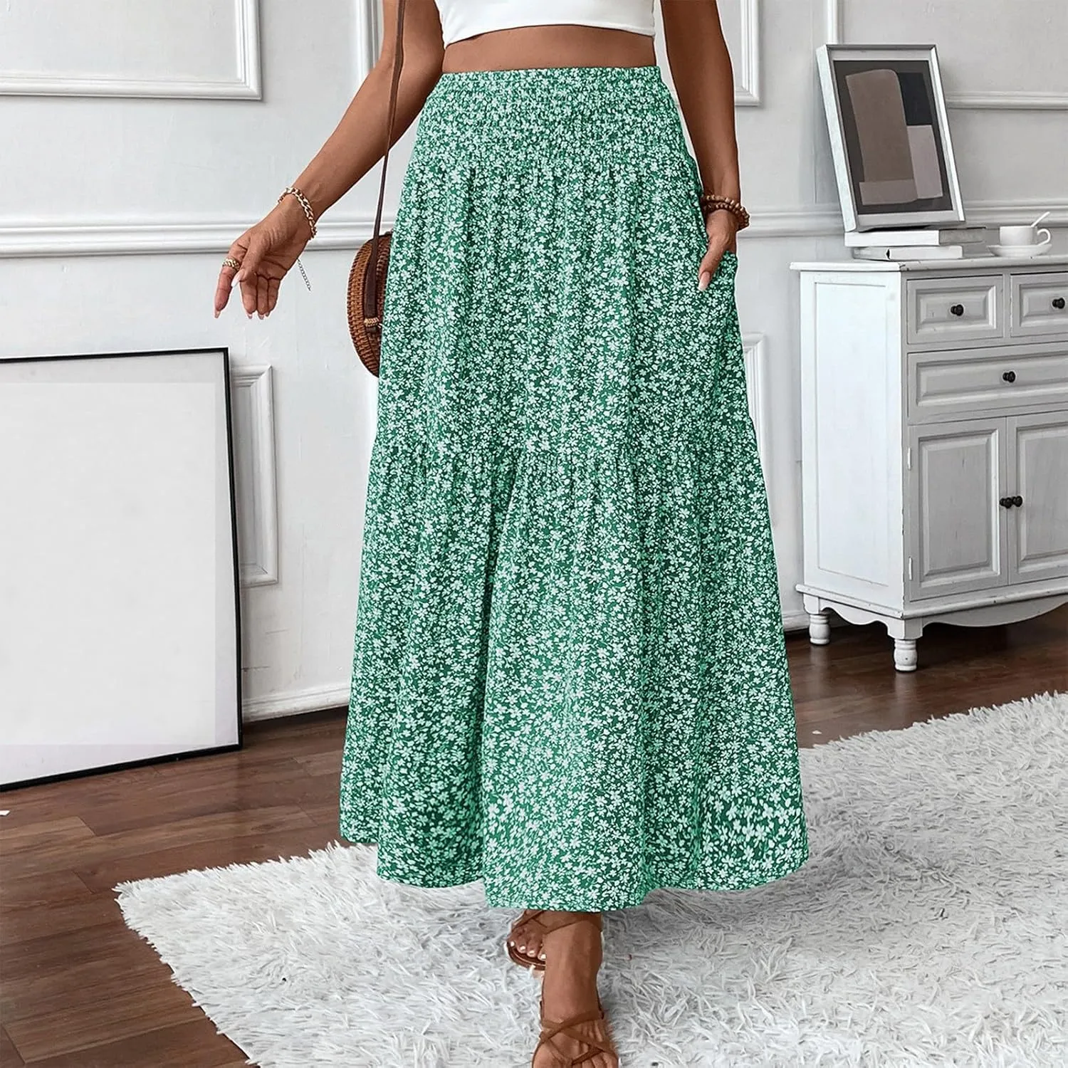 Long Flowy Skirts for Women Summer Elastic Waist Smocked Ruffle Tiered Floral Maxi Skirt with Pockets Boho A Line Skorts