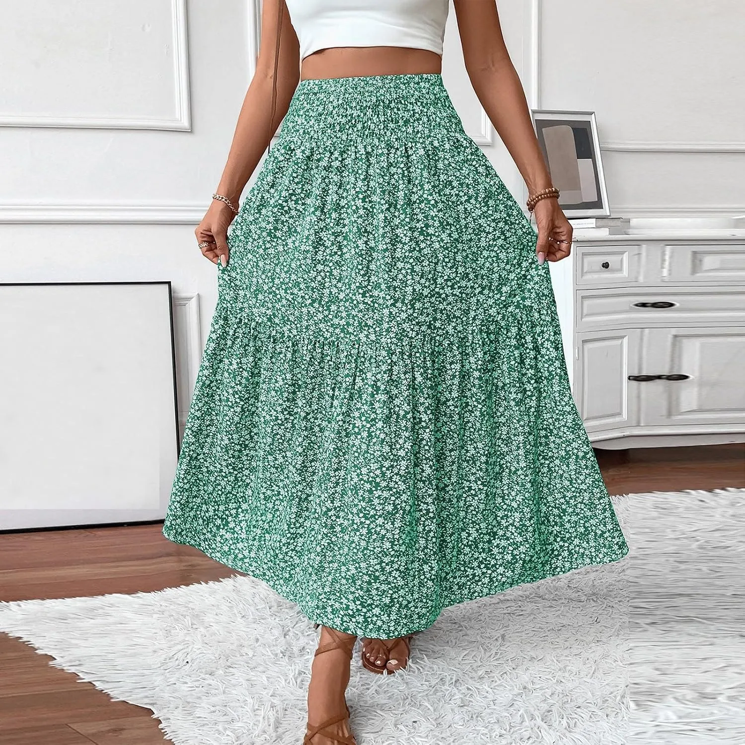 Long Flowy Skirts for Women Summer Elastic Waist Smocked Ruffle Tiered Floral Maxi Skirt with Pockets Boho A Line Skorts