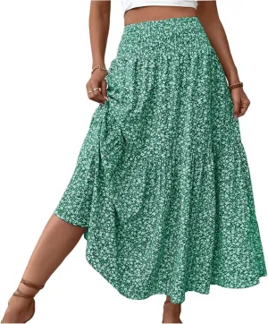 Long Flowy Skirts for Women Summer Elastic Waist Smocked Ruffle Tiered Floral Maxi Skirt with Pockets Boho A Line Skorts