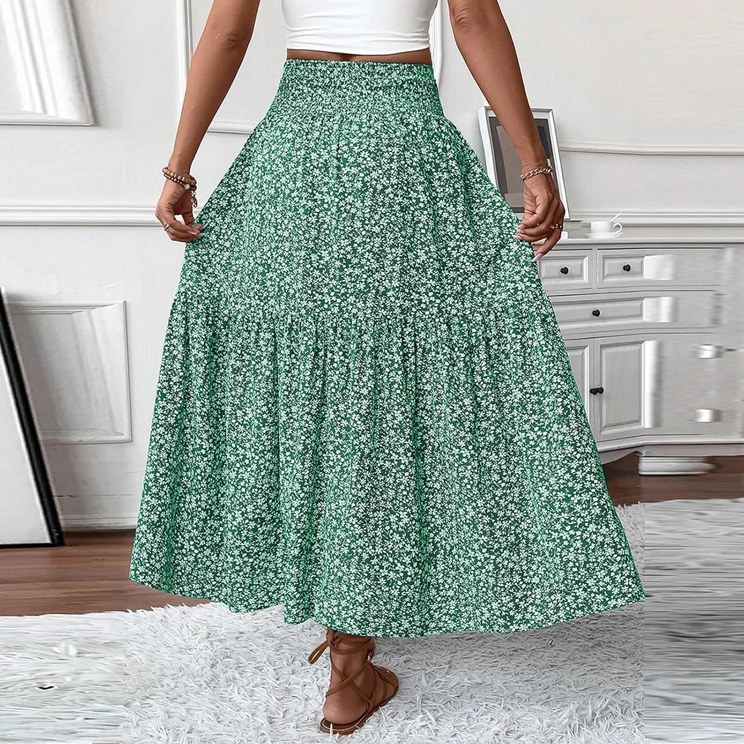 Long Flowy Skirts for Women Summer Elastic Waist Smocked Ruffle Tiered Floral Maxi Skirt with Pockets Boho A Line Skorts