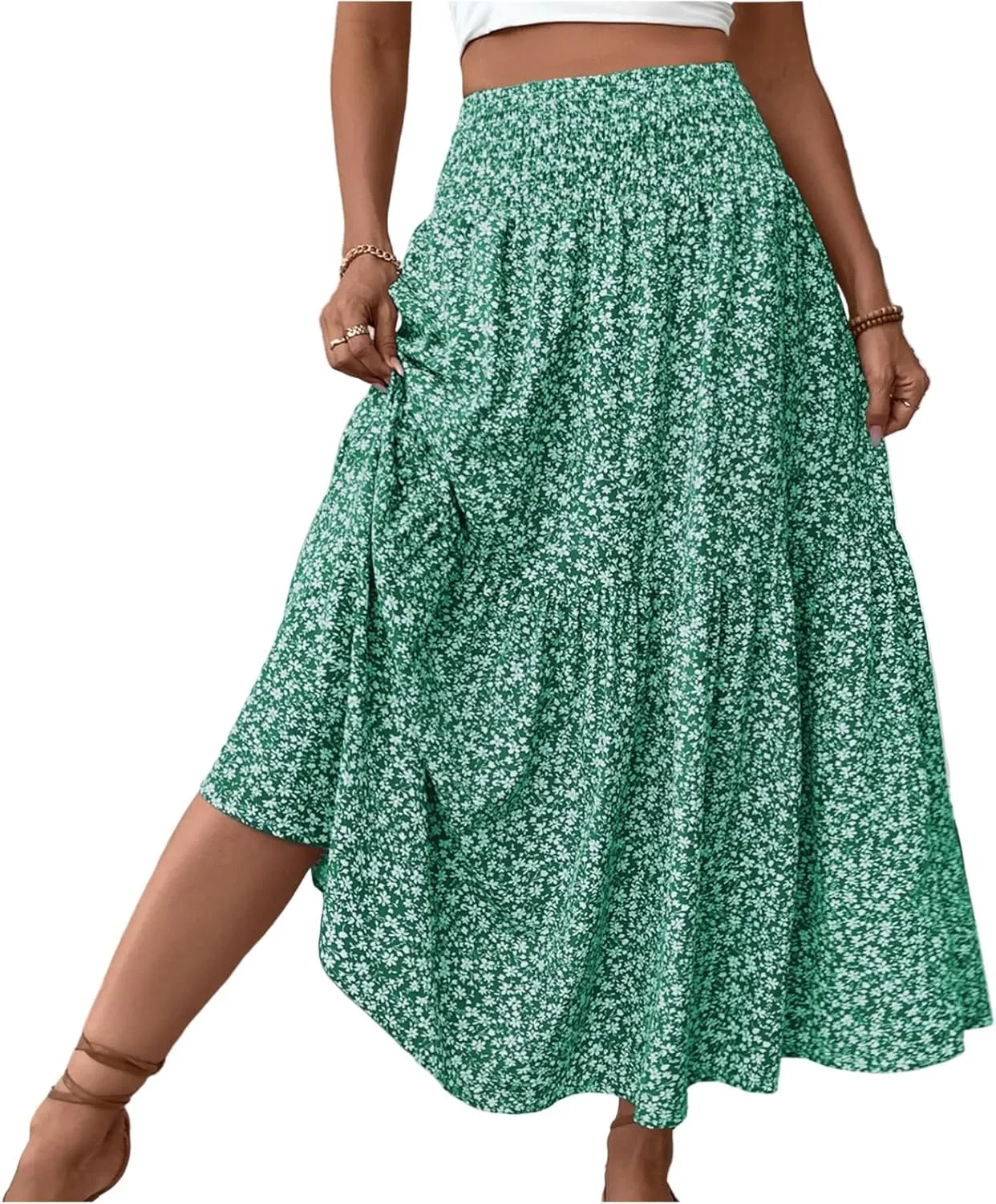 Long Flowy Skirts for Women Summer Elastic Waist Smocked Ruffle Tiered Floral Maxi Skirt with Pockets Boho A Line Skorts