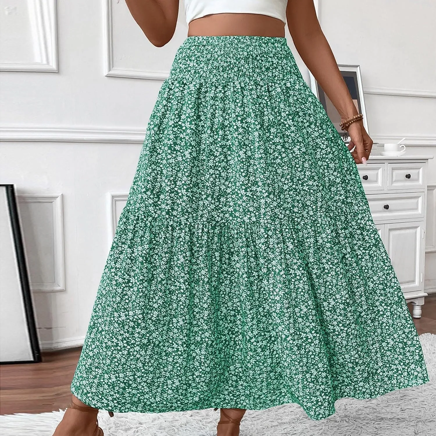 Long Flowy Skirts for Women Summer Elastic Waist Smocked Ruffle Tiered Floral Maxi Skirt with Pockets Boho A Line Skorts