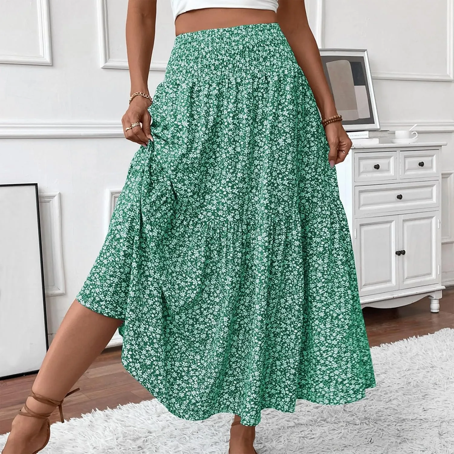 Long Flowy Skirts for Women Summer Elastic Waist Smocked Ruffle Tiered Floral Maxi Skirt with Pockets Boho A Line Skorts