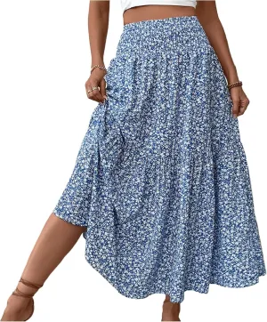 Long Flowy Skirts for Women Summer Floral Maxi Skirt with Pockets Elastic Waist Smocked Ruffle Tiered Boho A Line Skorts