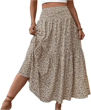 Long Flowy Skirts for Women Summer Floral Maxi Skirt with Pockets Elastic Waist Smocked Ruffle Tiered Boho A Line Skorts