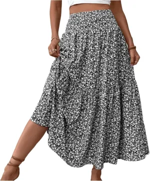 Long Flowy Skirts for Women Summer Floral Maxi Skirt with Pockets Elastic Waist Smocked Ruffle Tiered Boho A Line Skorts