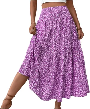 Long Flowy Skirts for Women Summer Floral Maxi Skirt with Pockets Elastic Waist Smocked Ruffle Tiered Boho A Line Skorts