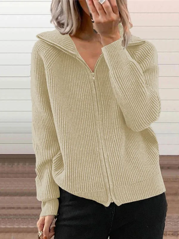 Long Sleeve Front Zipper Knitted Lapel Cardigans Shirts