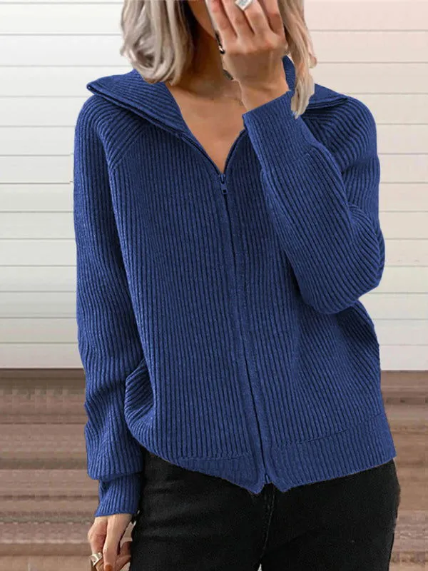 Long Sleeve Front Zipper Knitted Lapel Cardigans Shirts