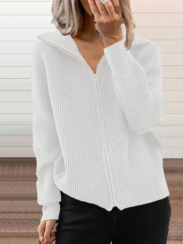 Long Sleeve Front Zipper Knitted Lapel Cardigans Shirts