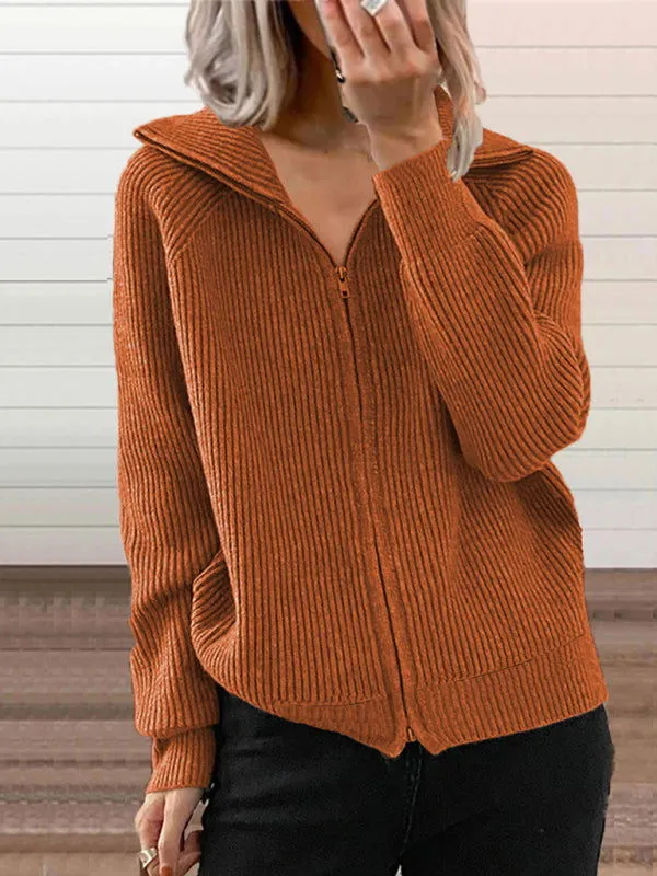 Long Sleeve Front Zipper Knitted Lapel Cardigans Shirts