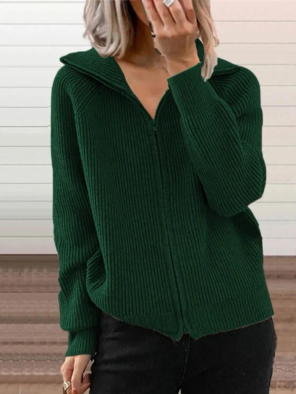 Long Sleeve Front Zipper Knitted Lapel Cardigans Shirts