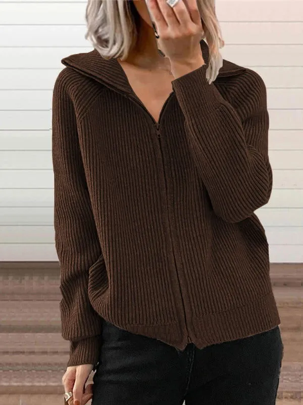 Long Sleeve Front Zipper Knitted Lapel Cardigans Shirts