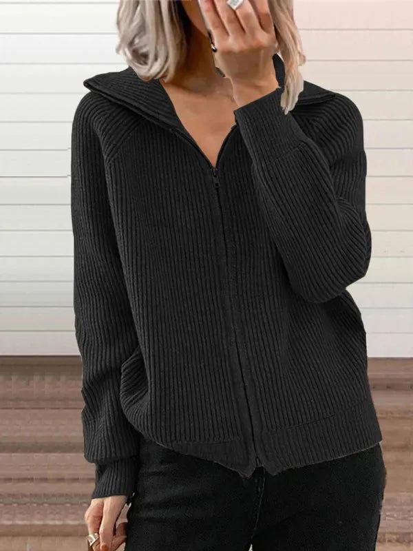 Long Sleeve Front Zipper Knitted Lapel Cardigans Shirts