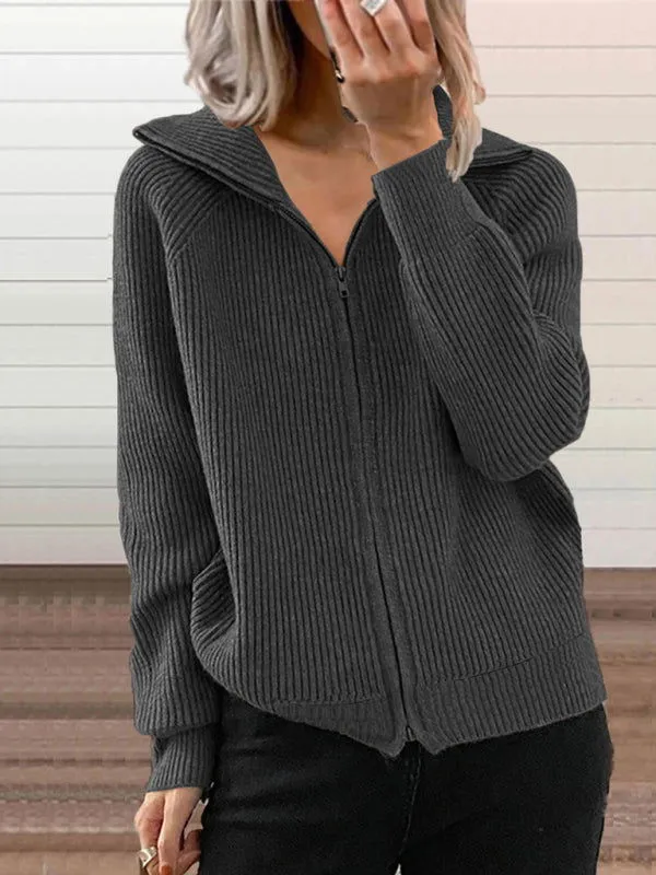 Long Sleeve Front Zipper Knitted Lapel Cardigans Shirts