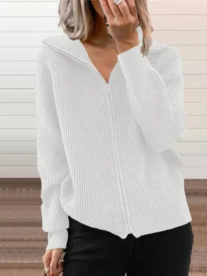 Long Sleeve Front Zipper Knitted Lapel Cardigans Shirts