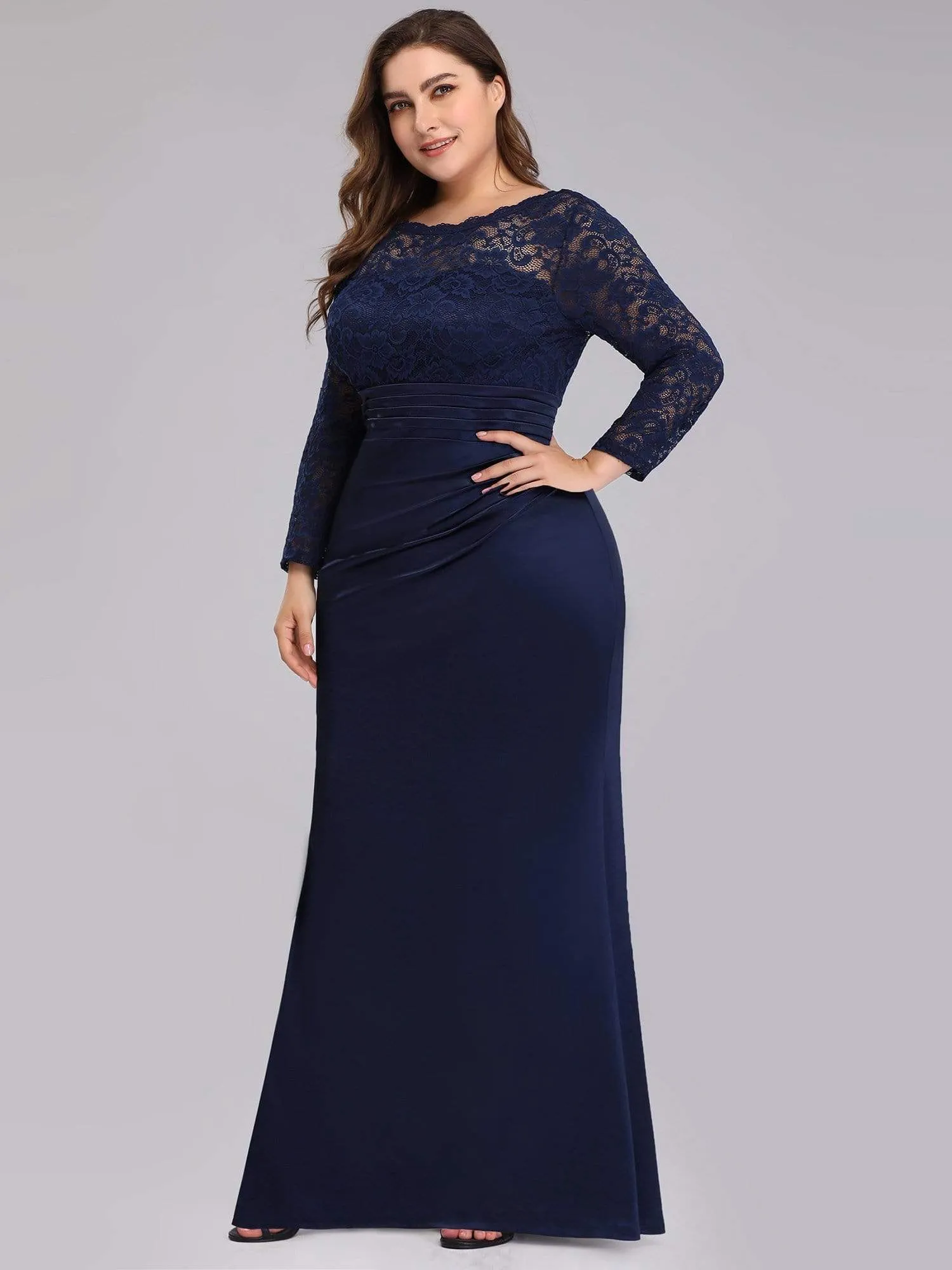 Long Sleeve Lace & Satin Plus Size Evening Gown for Women