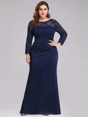 Long Sleeve Lace & Satin Plus Size Evening Gown for Women