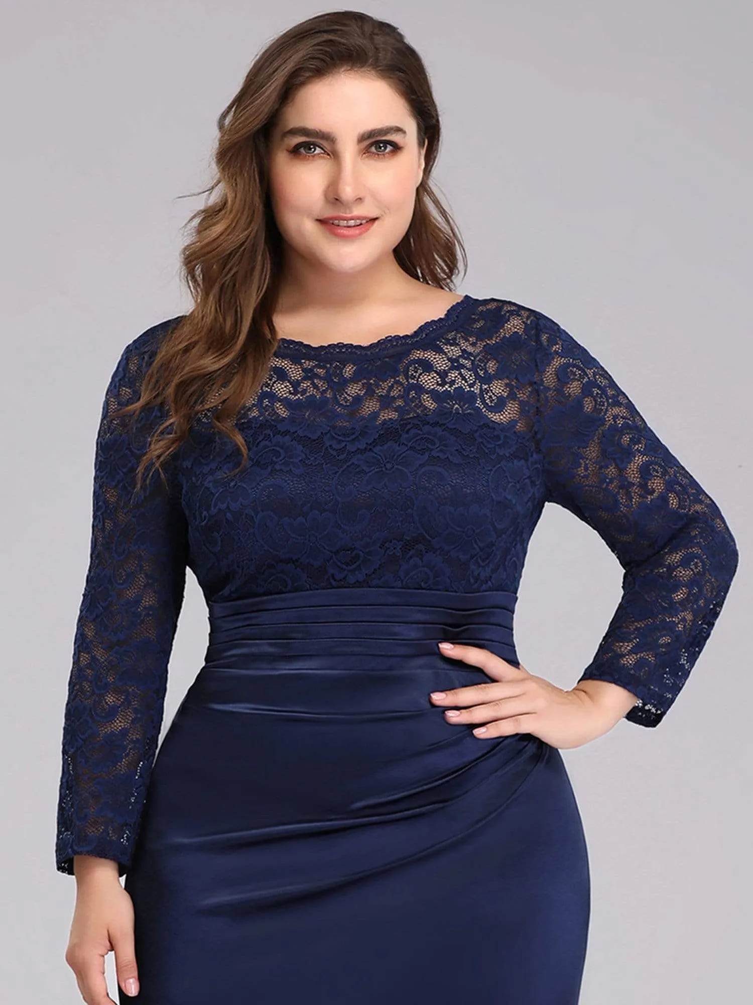 Long Sleeve Lace & Satin Plus Size Evening Gown for Women