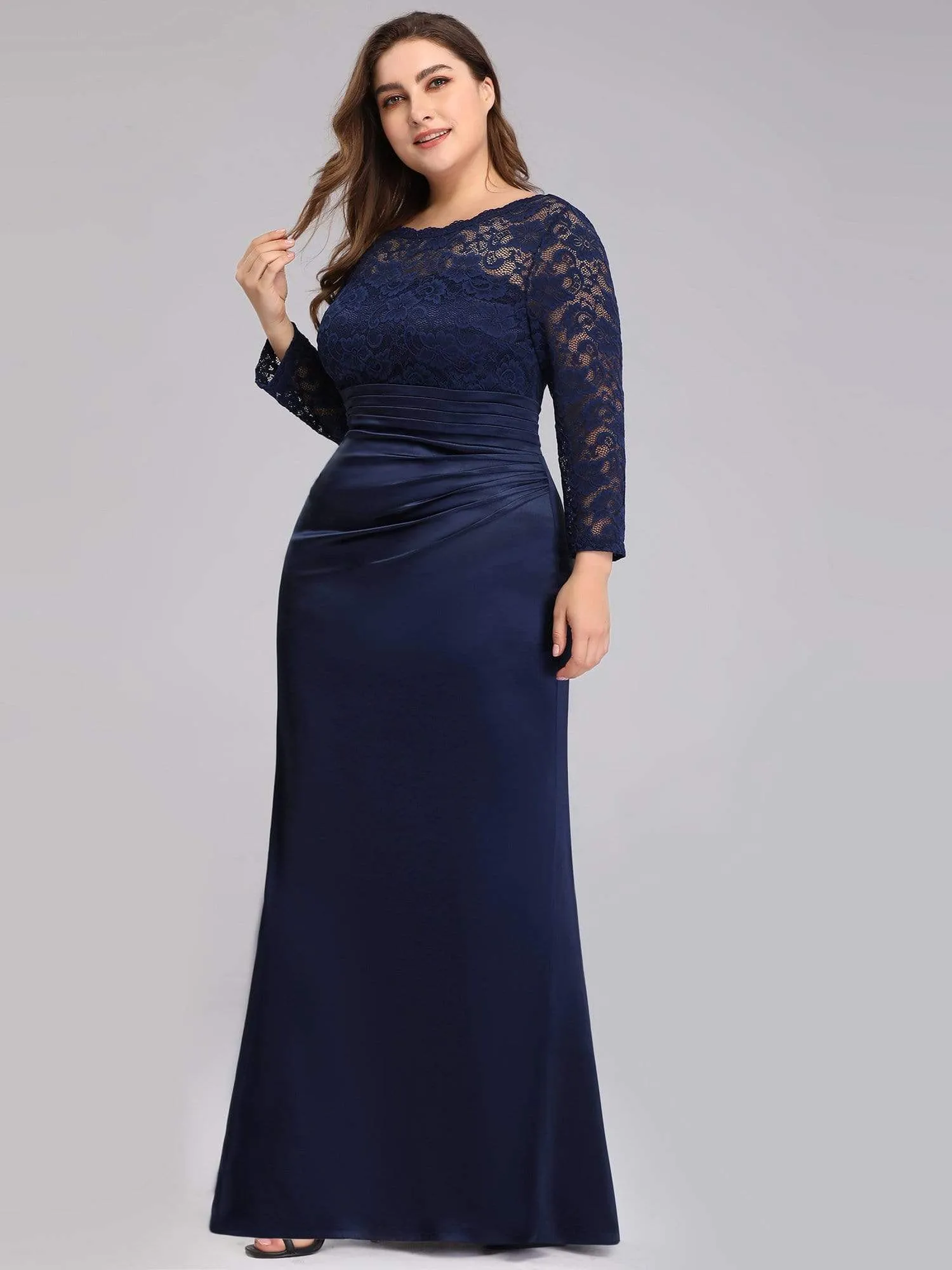 Long Sleeve Lace & Satin Plus Size Evening Gown for Women