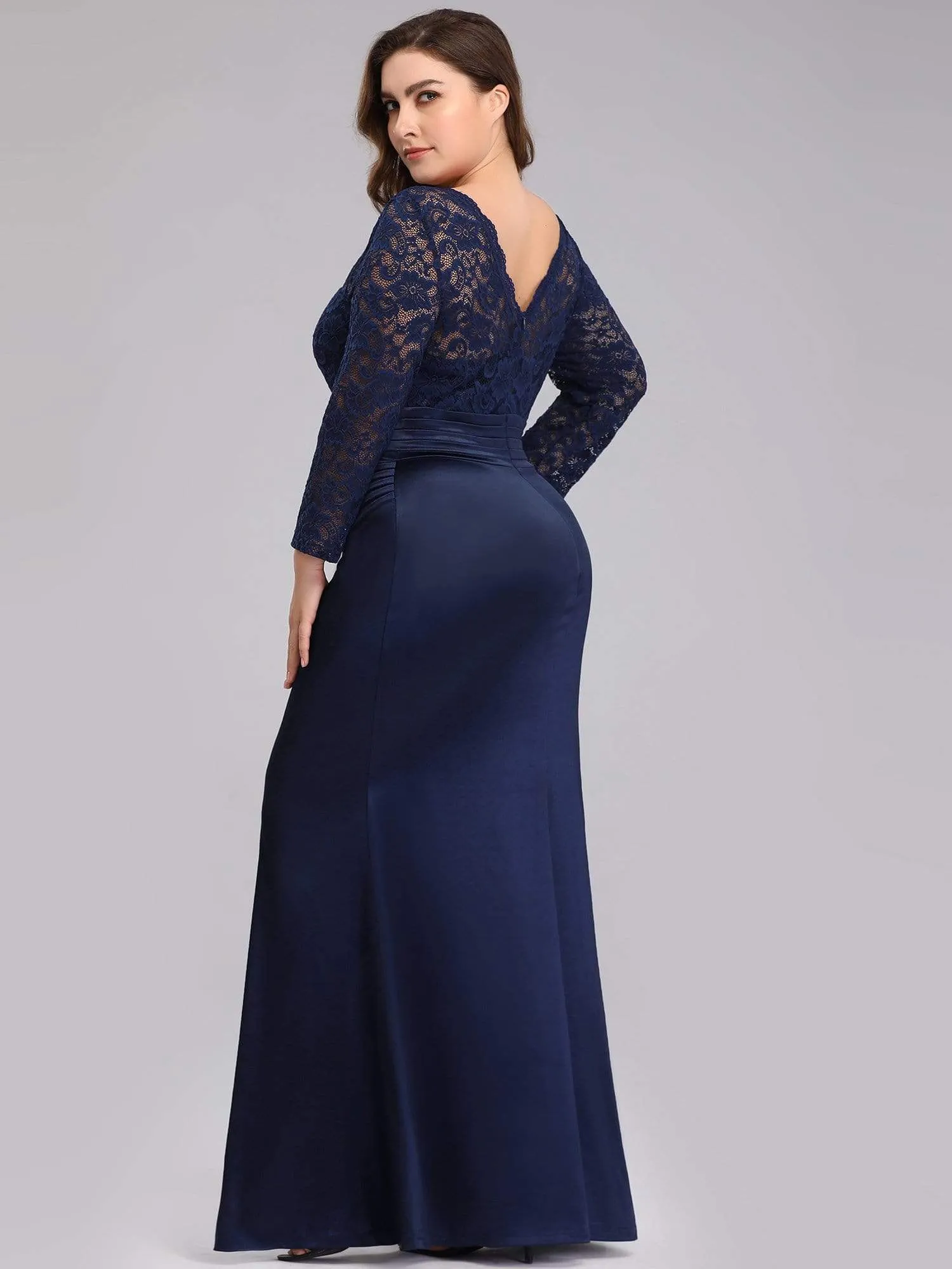 Long Sleeve Lace & Satin Plus Size Evening Gown for Women