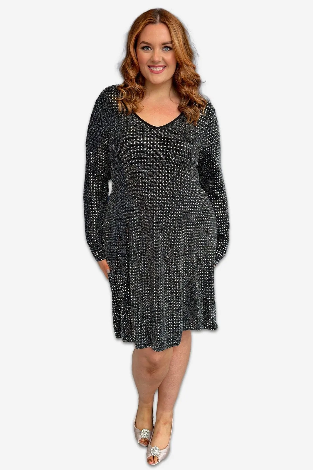 Long Sleeve Sequin A Line Plus Size Midi Dress in Black or Silver