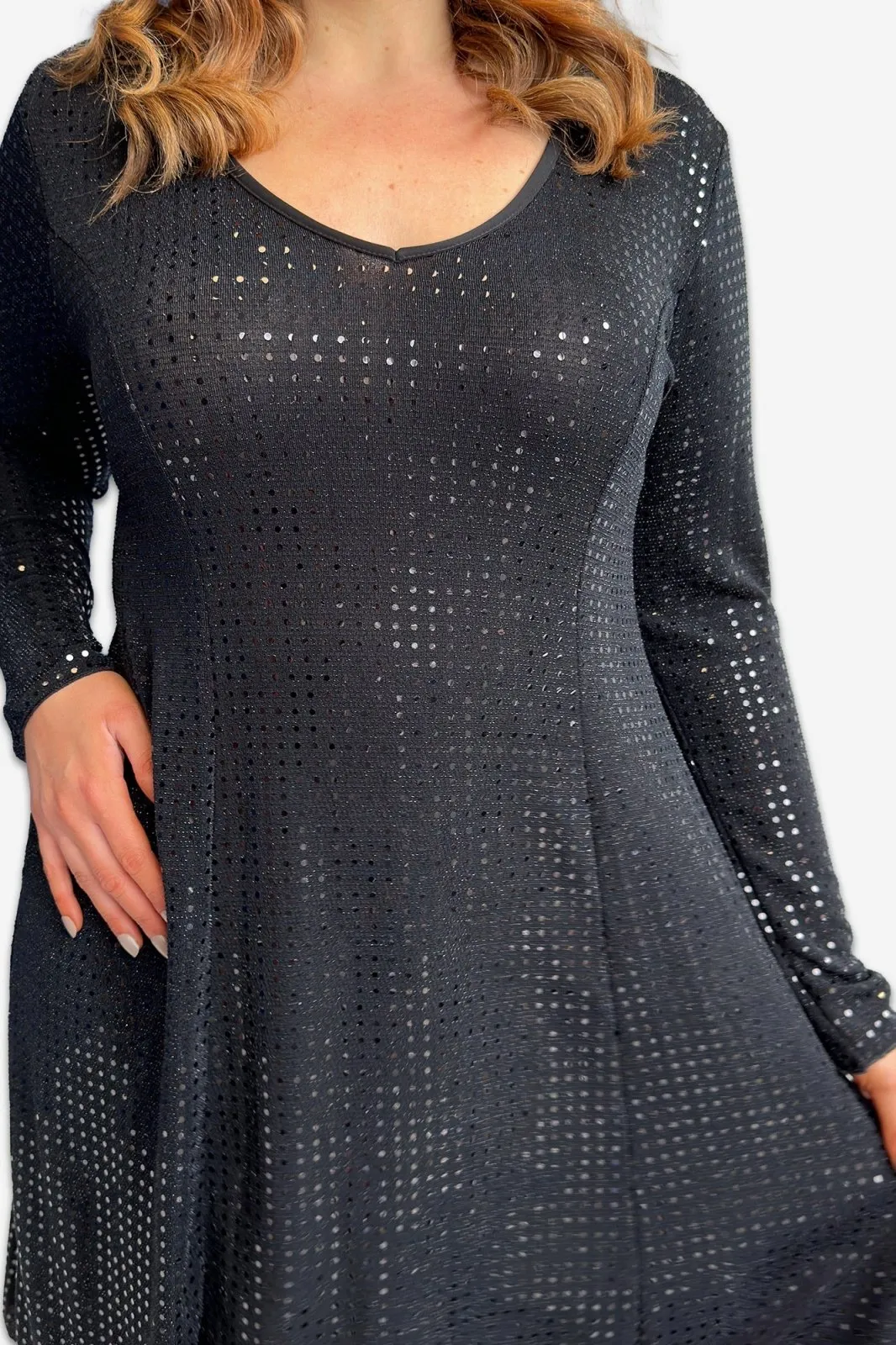 Long Sleeve Sequin A Line Plus Size Midi Dress in Black or Silver