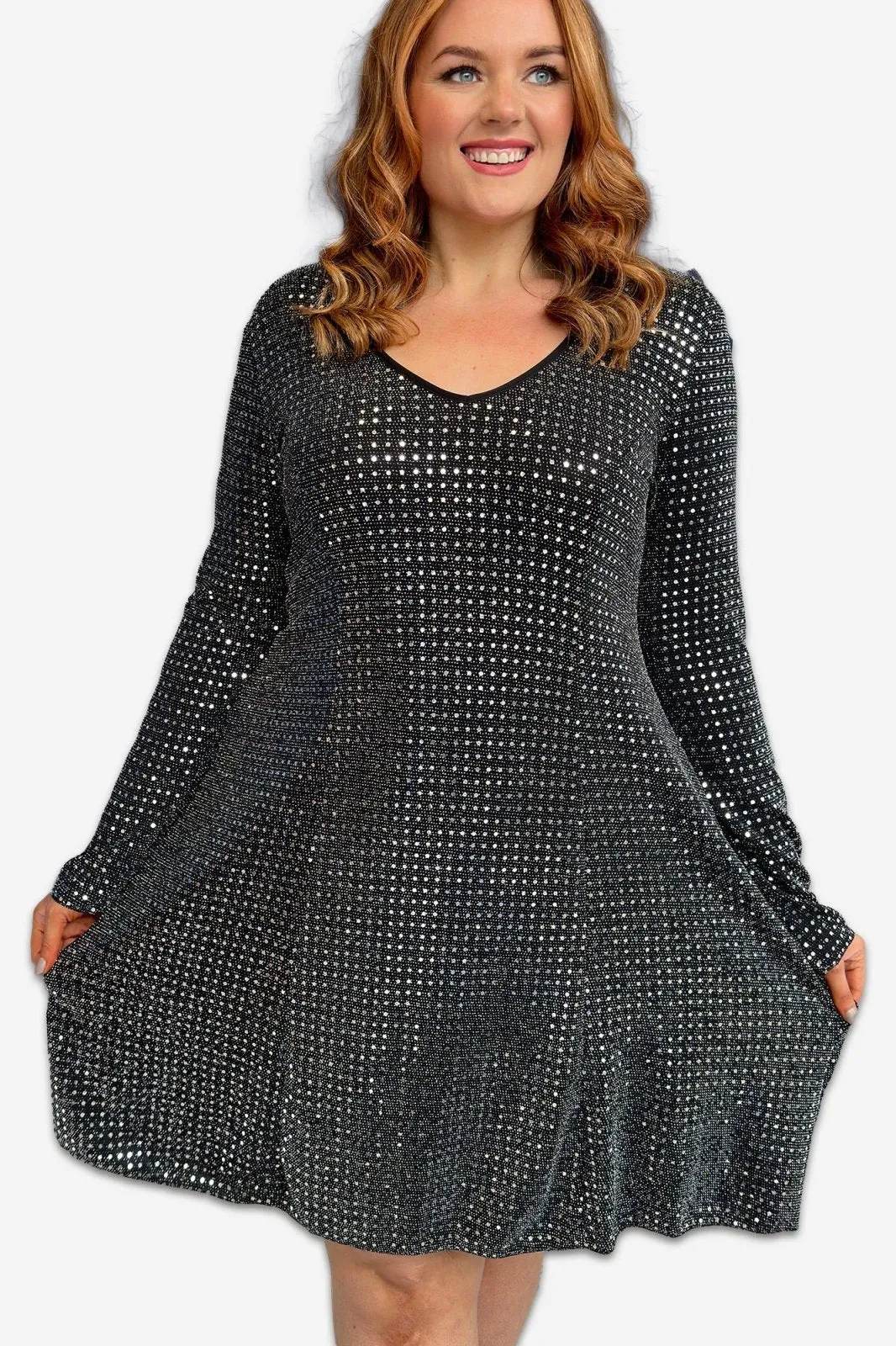 Long Sleeve Sequin A Line Plus Size Midi Dress in Black or Silver