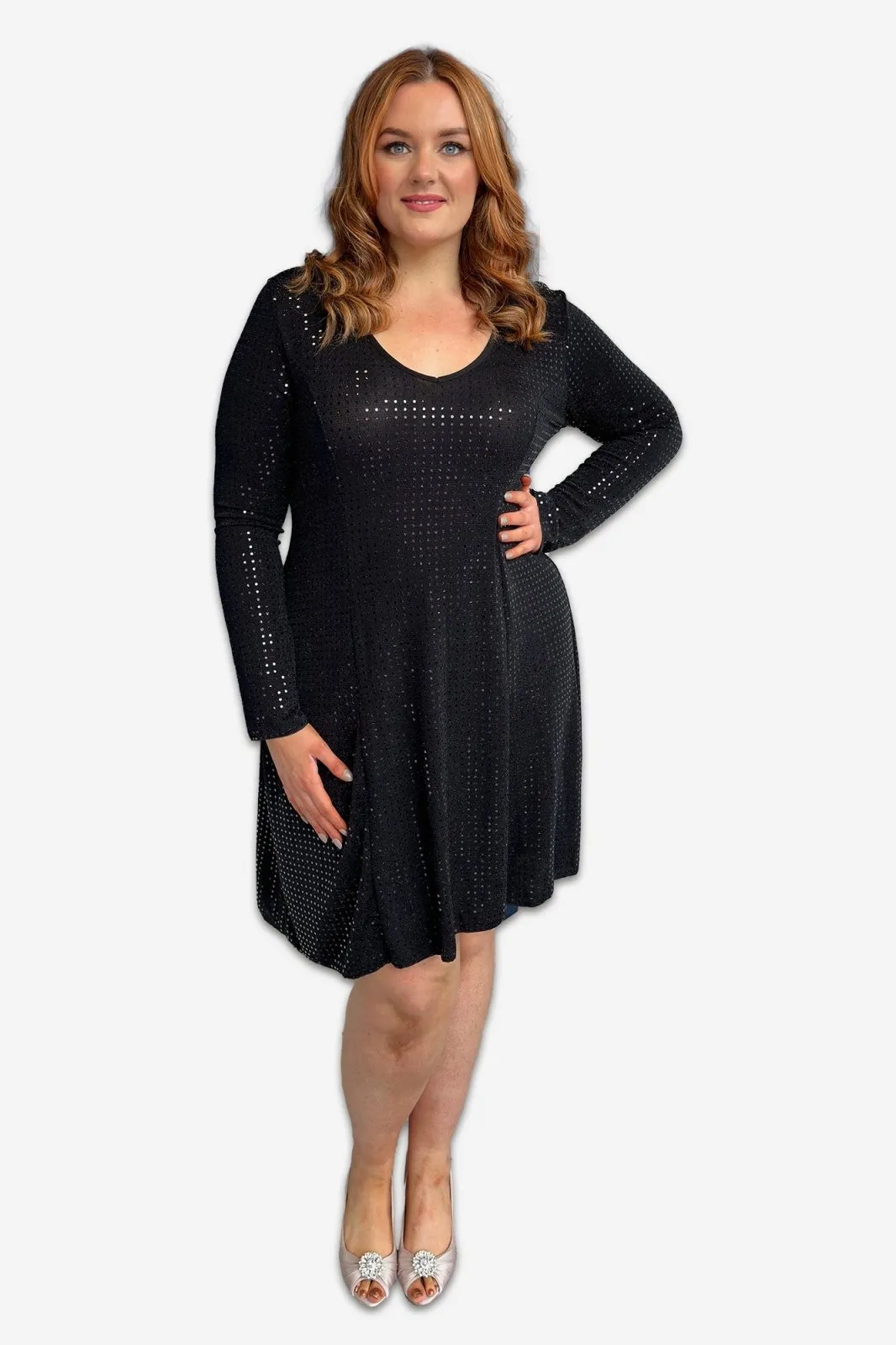 Long Sleeve Sequin A Line Plus Size Midi Dress in Black or Silver