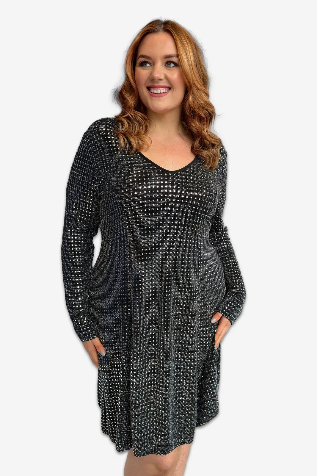 Long Sleeve Sequin A Line Plus Size Midi Dress in Black or Silver